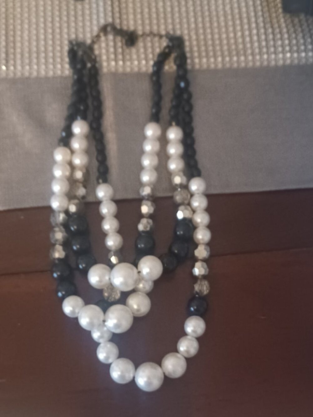 Pearl Beaded Tri Layer Black White Chrome Statement Beautiful Necklace Large